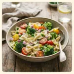 Healthy spring broccoli pasta salad with fresh vegetables and dressing