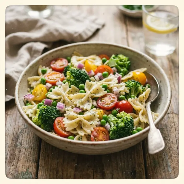 Healthy spring broccoli pasta salad with fresh vegetables and dressing