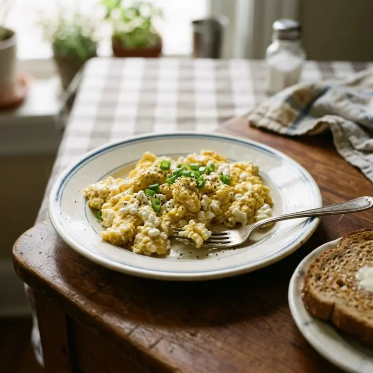 High-protein scrambled eggs with cottage cheese served on a plate