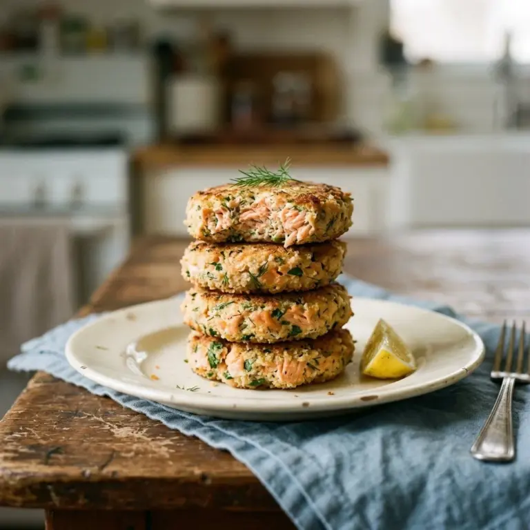 Delicious homemade salmon patties served on a plate with lemon and herbs