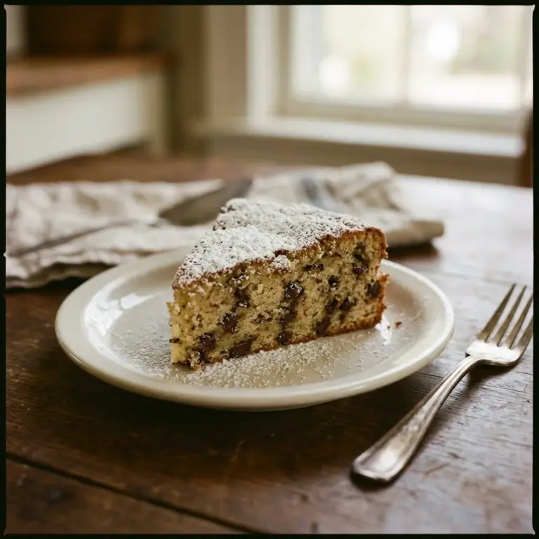 Sliced Italian Chocolate Chip Ricotta Cake with chocolate chips on a plate