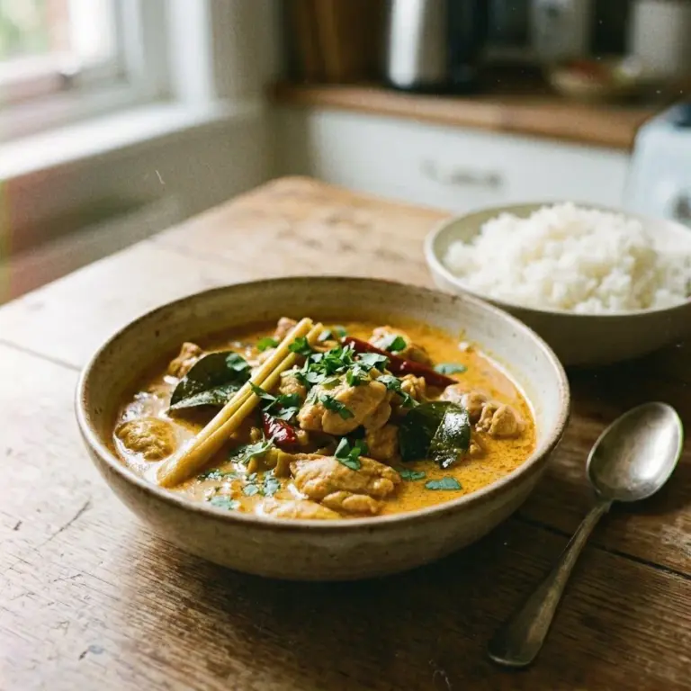 Lemongrass chicken served with Thai coconut curry in a beautifully styled bowl.