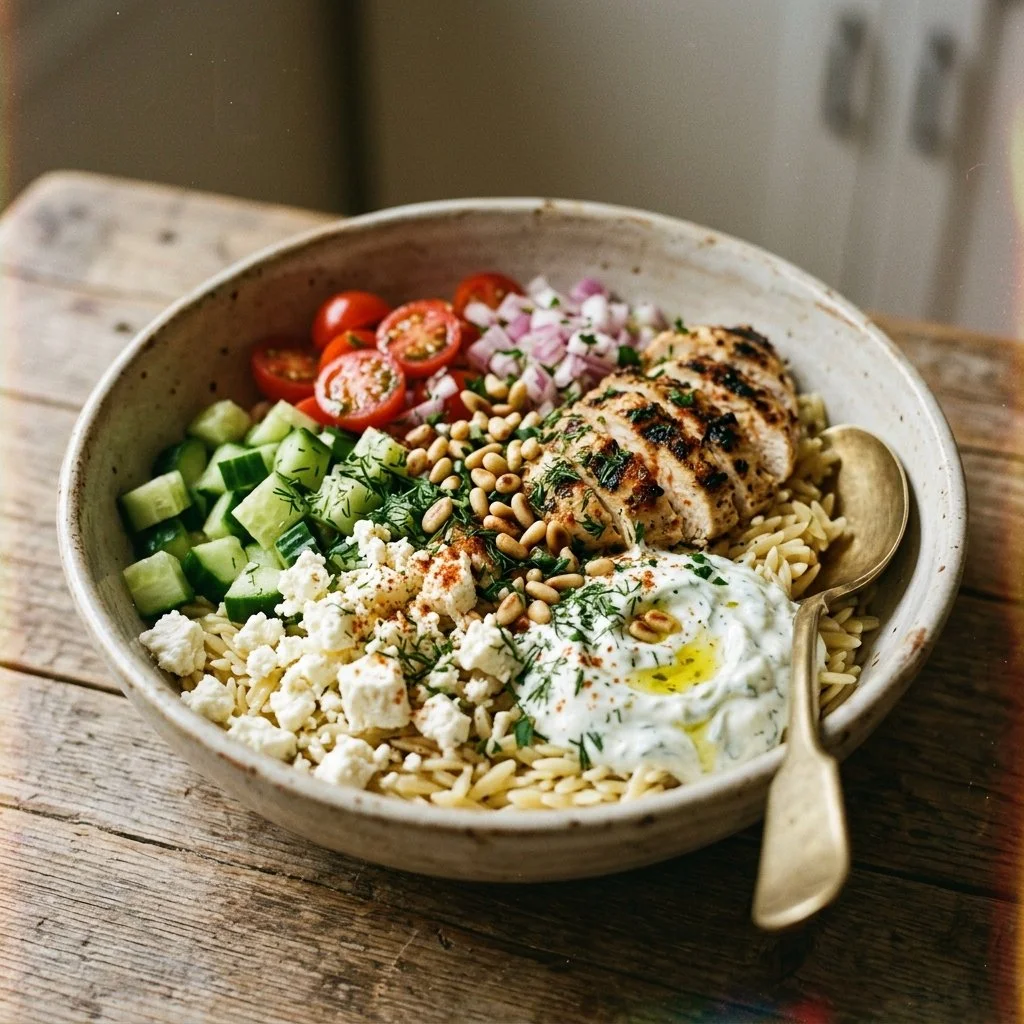 Mediterranean Chicken Orzo Bowl with vibrant vegetables and herbs