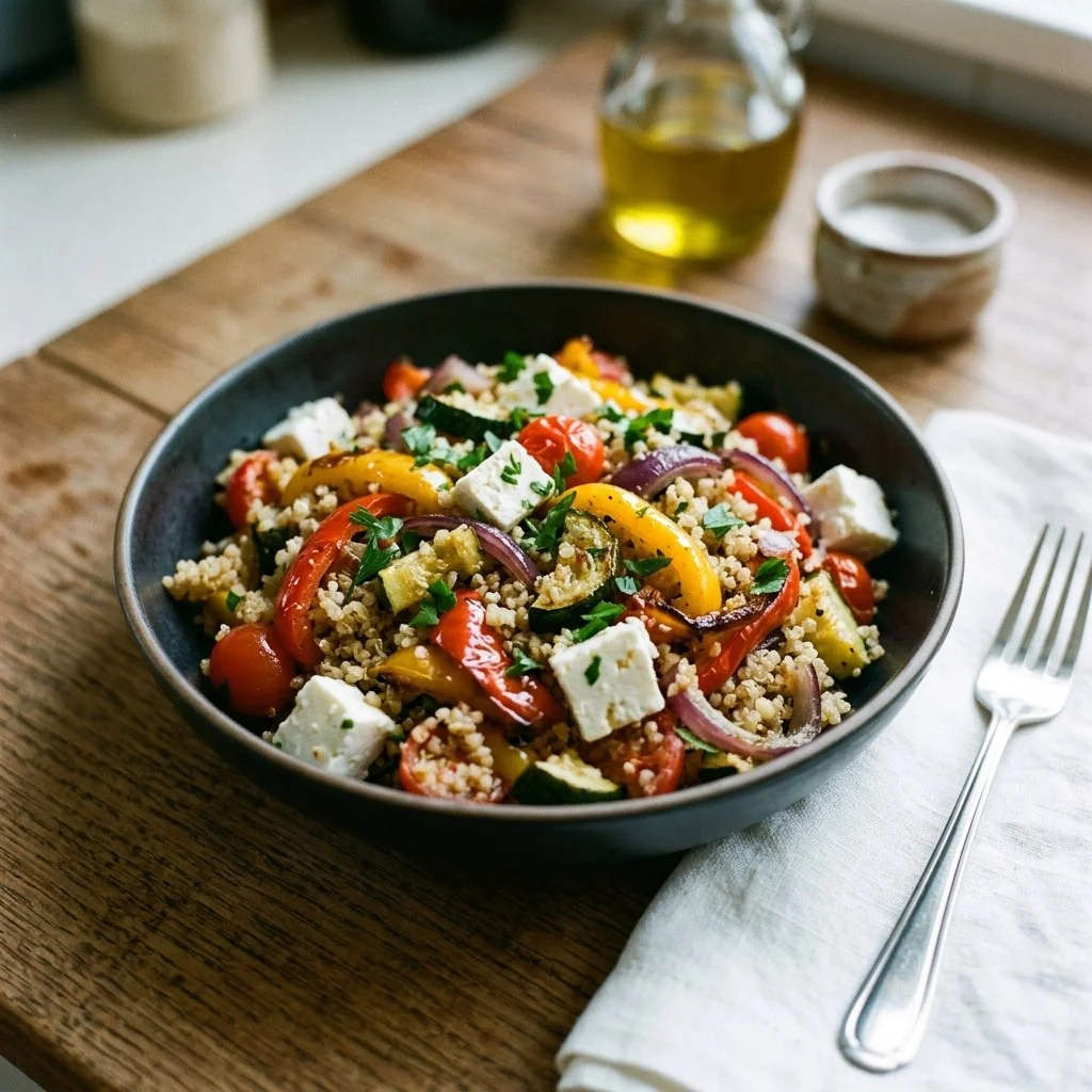 Mediterranean Quinoa Salad topped with roasted vegetables on a plate.