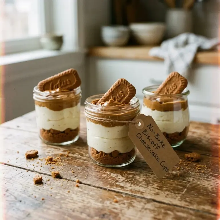 No-Bake Biscoff Cheesecake Cups served in glasses with Biscoff cookies on top