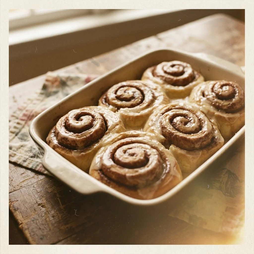Homemade one hour cinnamon rolls with frosting on a baking tray.