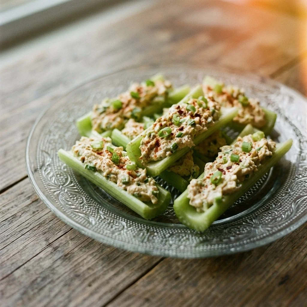 Delicious stuffed celery with a creamy filling on a white plate