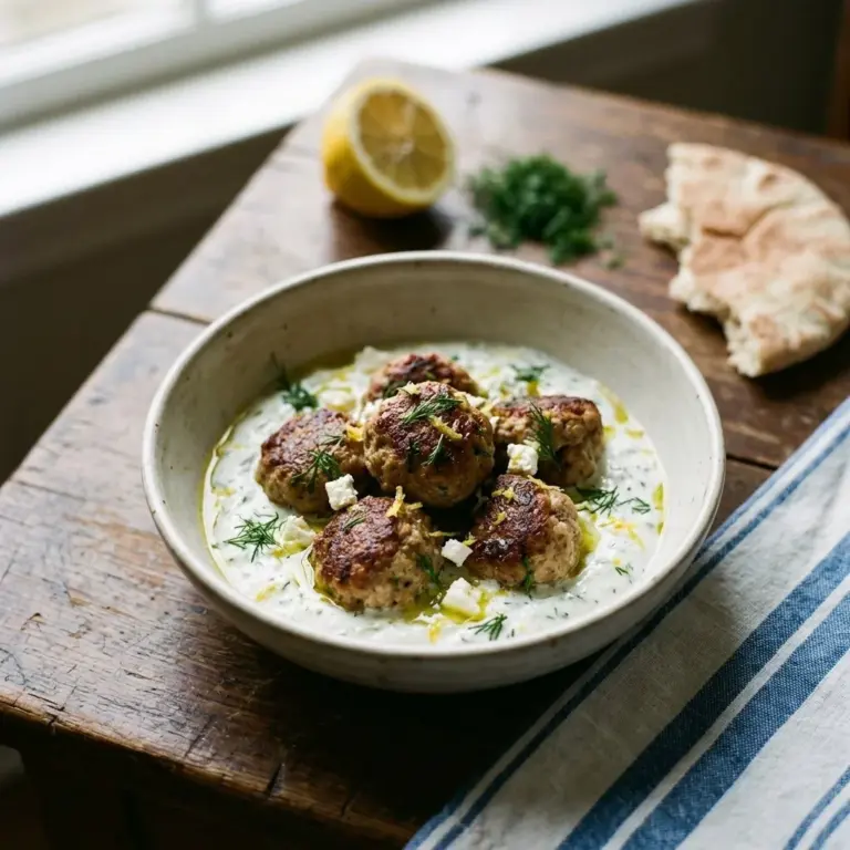 Plate of quick Greek turkey meatballs served with tzatziki sauce