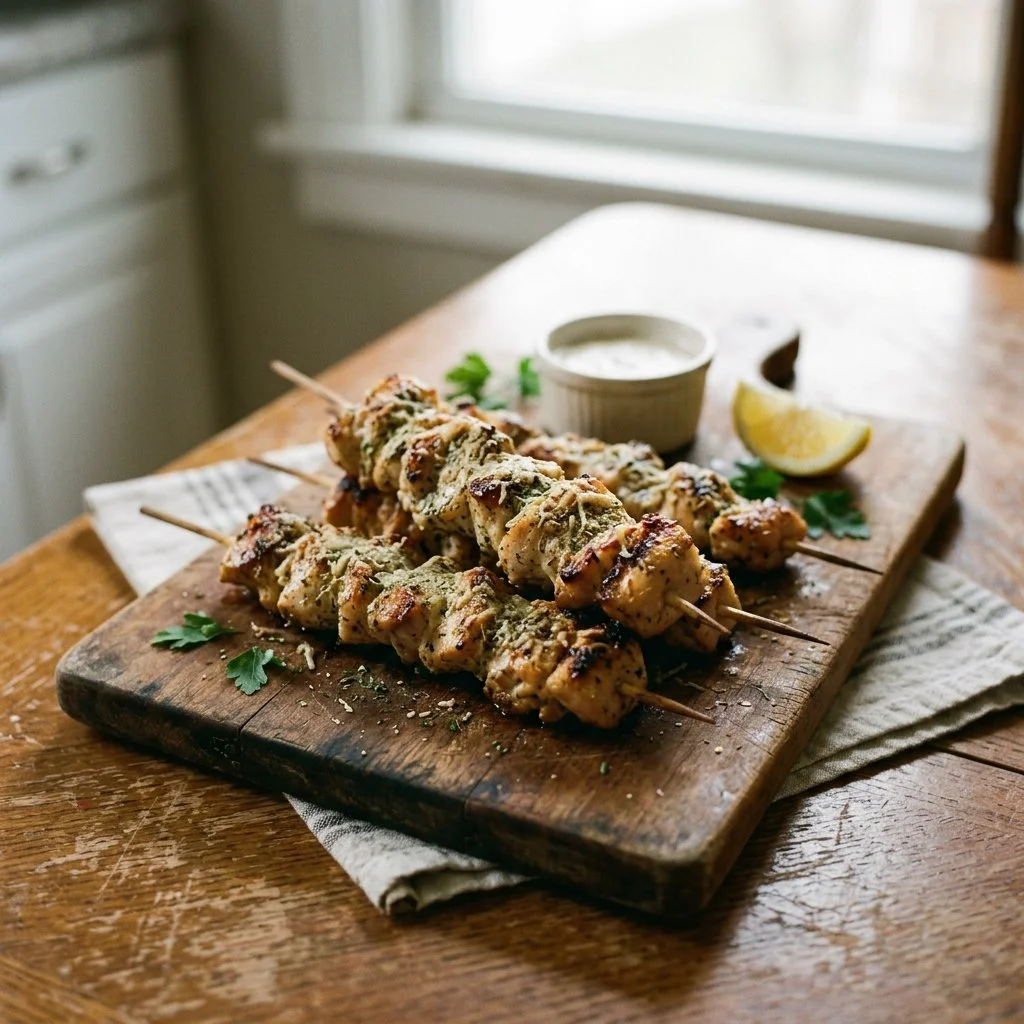 Ranch Garlic Parm Chicken Skewers ready for grilling