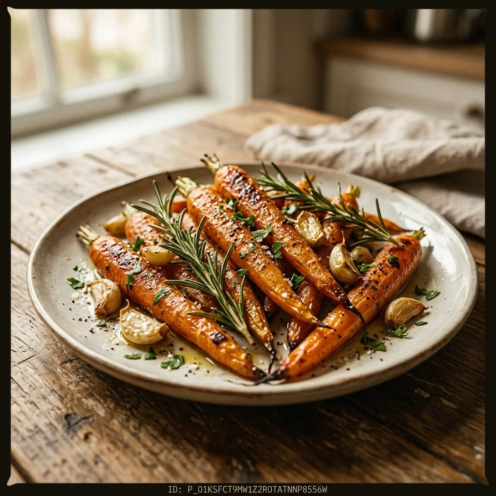 Plate of roasted carrots with rosemary and garlic, garnished and ready to serve