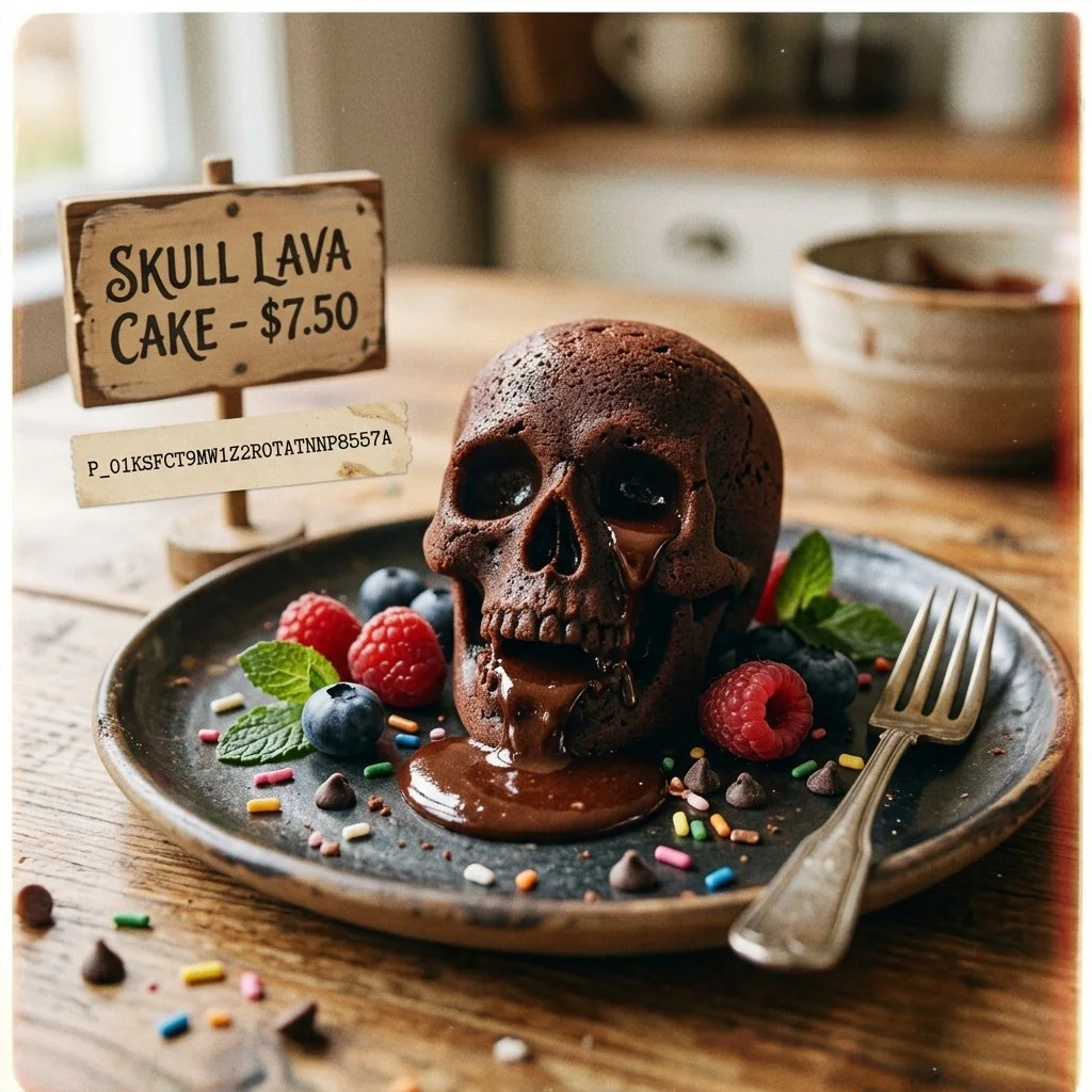 Skull-shaped lava cake with a molten chocolate center, perfect for Halloween.