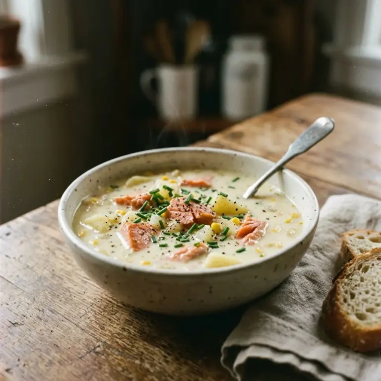 Bowl of smoked salmon and potato chowder topped with fresh herbs.