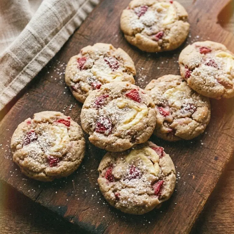 Delicious soft strawberry cheesecake cookies on a wooden table