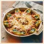 Plate of spinach and ricotta stuffed shells topped with marinara sauce