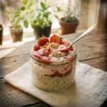 Delicious strawberry cheesecake overnight oats topped with fresh strawberries