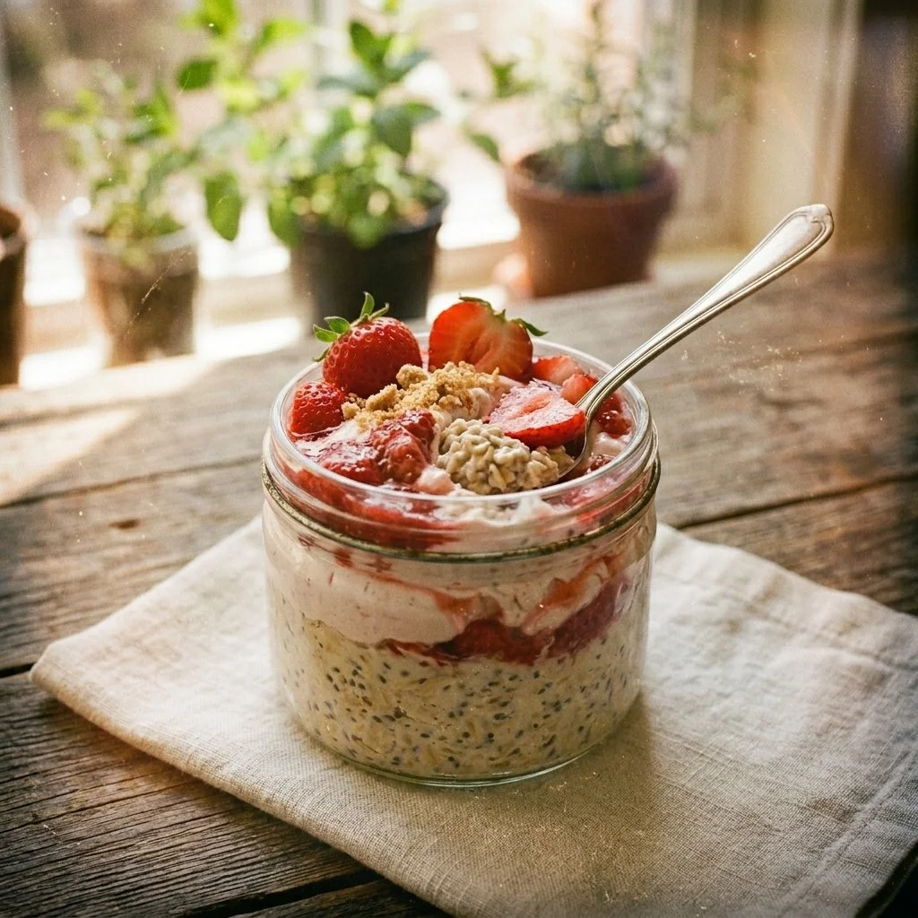 Delicious strawberry cheesecake overnight oats topped with fresh strawberries