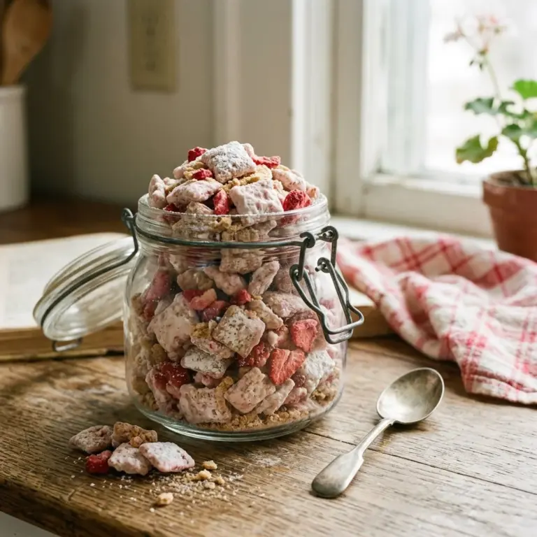 Bowl of Strawberry Cheesecake Puppy Chow with strawberries and creamy cheesescake mix.