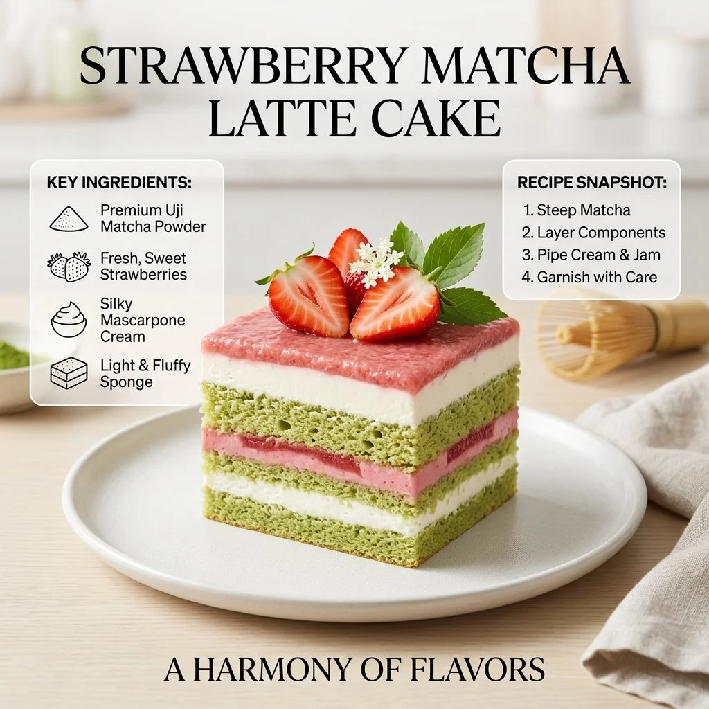 Strawberry Matcha Latte Cake topped with fresh strawberries and matcha powder