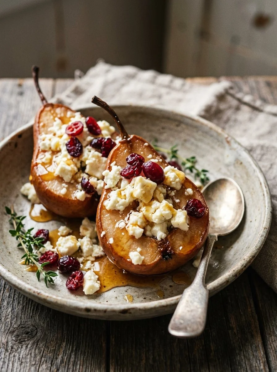 Baked pears with feta cheese, honey drizzle, and cranberries on a plate.