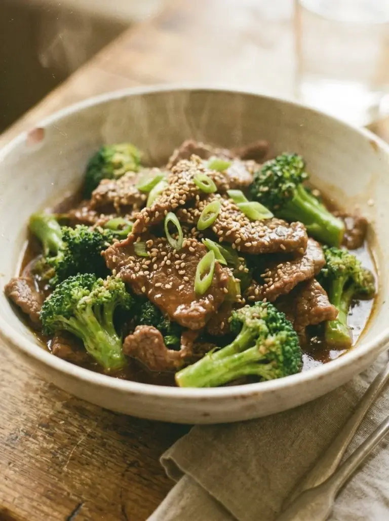 A plate of beef and broccoli stir-fry with vibrant vegetables and savory sauce.