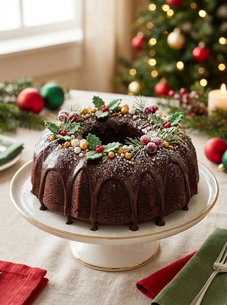 Chocolate Bundt Cake shaped like a Christmas wreath, decorated for the holidays.
