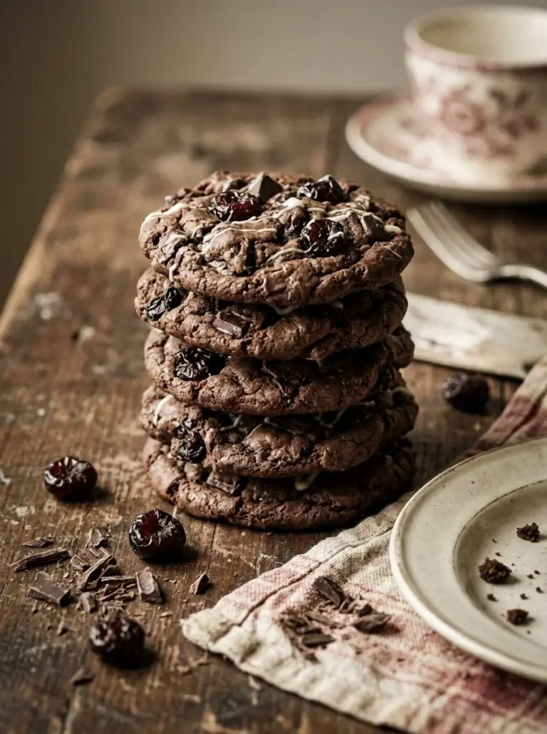 Freshly baked Chocolate Cherry Cookies with chocolate chunks and cherries.