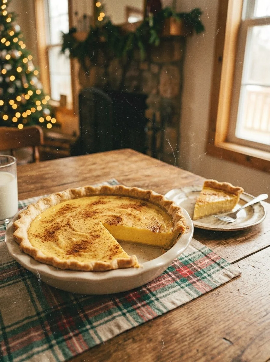 Delicious Christmas Eve custard pie topped with cinnamon and vanilla