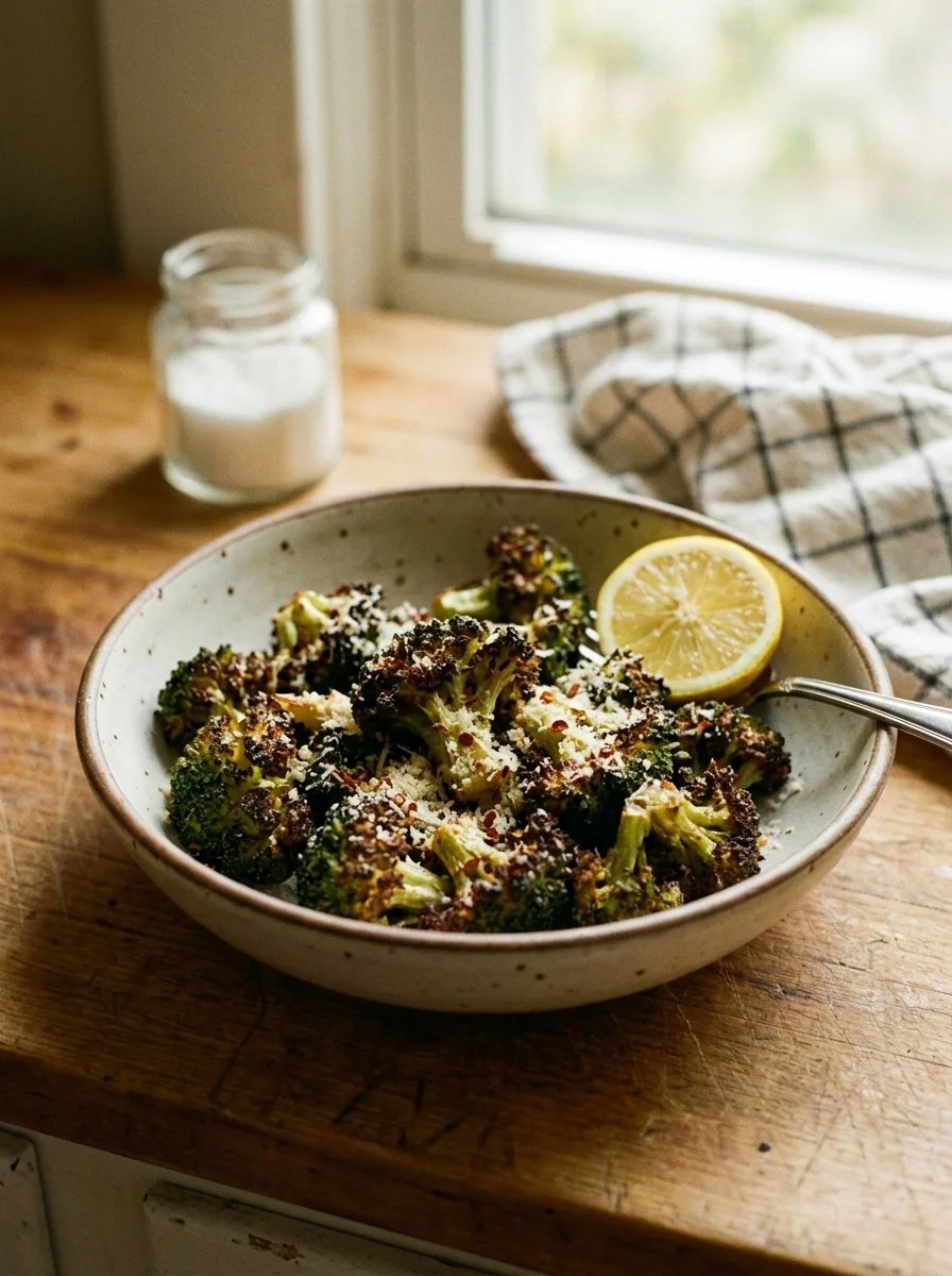 Crispy air fryer broccoli ready to serve as a healthy side dish