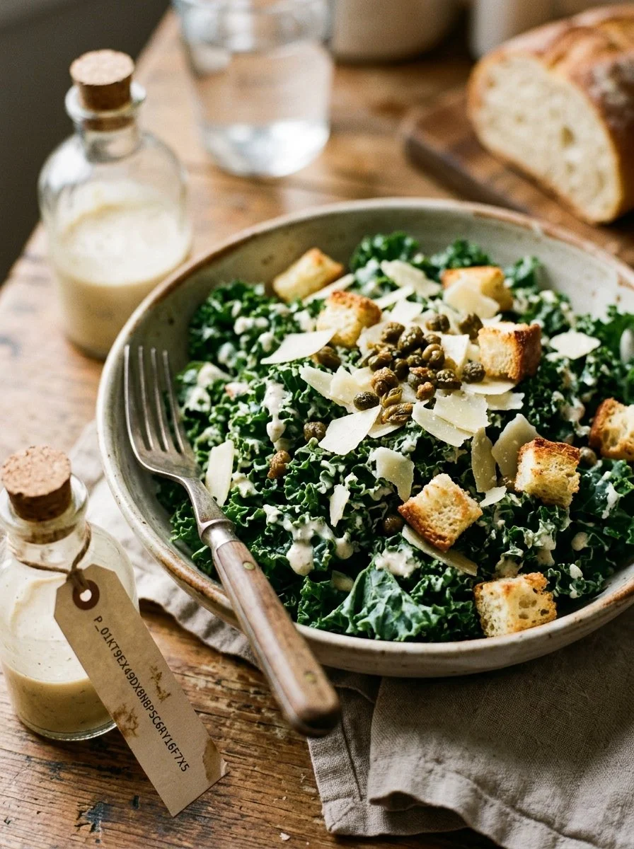 Easy 15-minute kale caesar salad with croutons and dressing