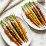 Plate of easy glazed carrots drizzled with sauce, garnished with parsley