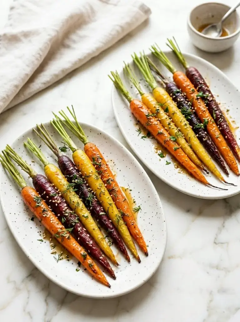 Plate of easy glazed carrots drizzled with sauce, garnished with parsley