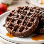 Delicious fudgy brownie waffles stacked with chocolate drizzle and whipped cream