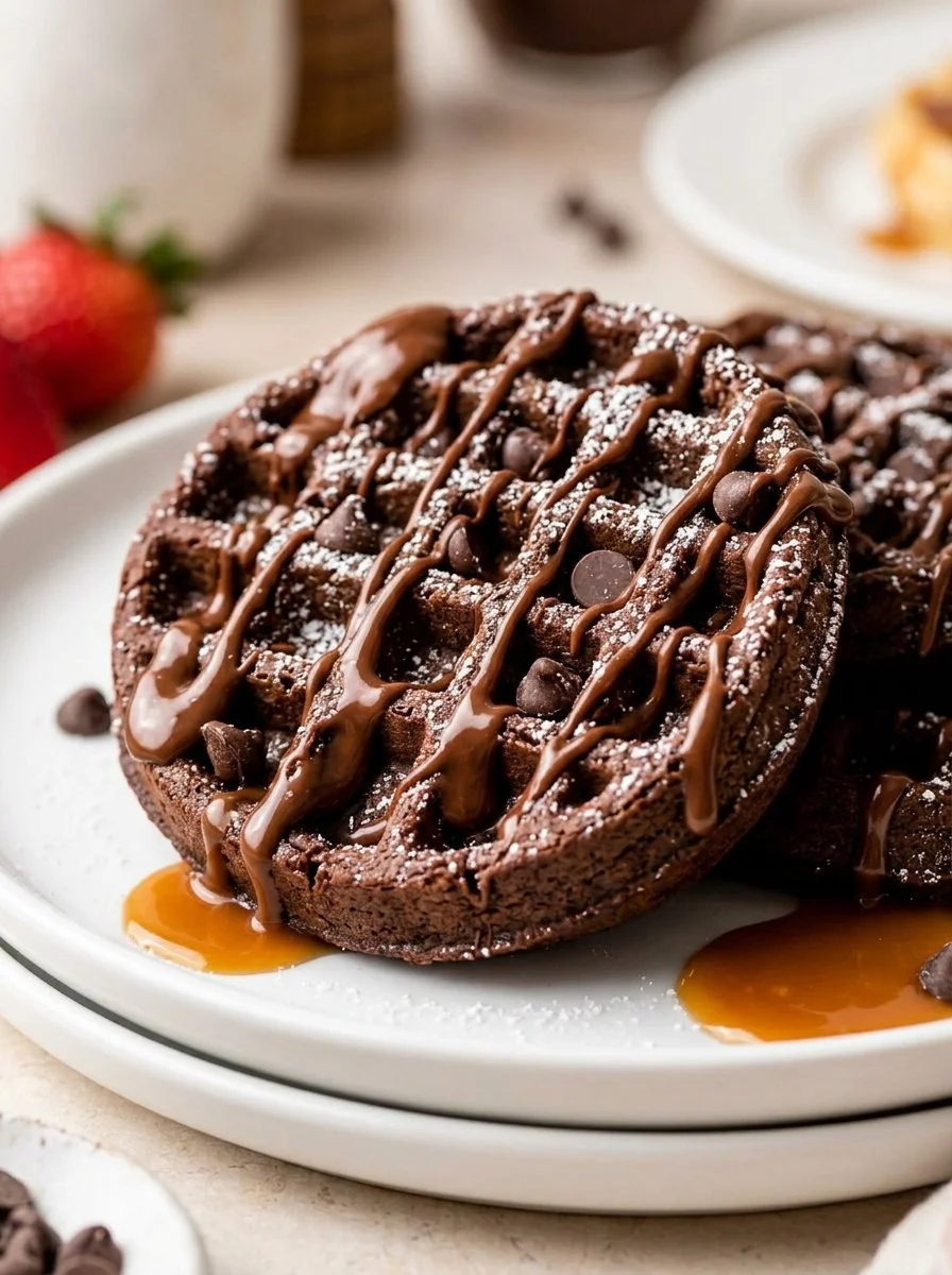 Delicious fudgy brownie waffles stacked with chocolate drizzle and whipped cream