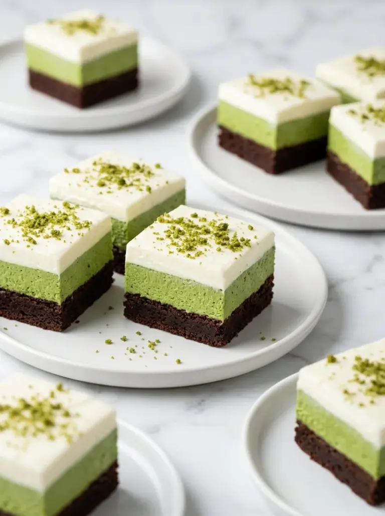 Green velvet brownies with cream cheese frosting on a plate