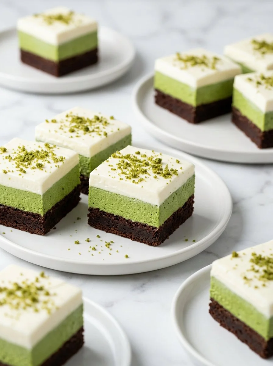 Green velvet brownies with cream cheese frosting on a plate
