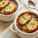 Delicious homemade French onion soup topped with melted cheese and croutons.