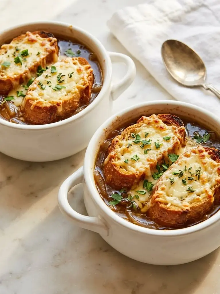 Delicious homemade French onion soup topped with melted cheese and croutons.