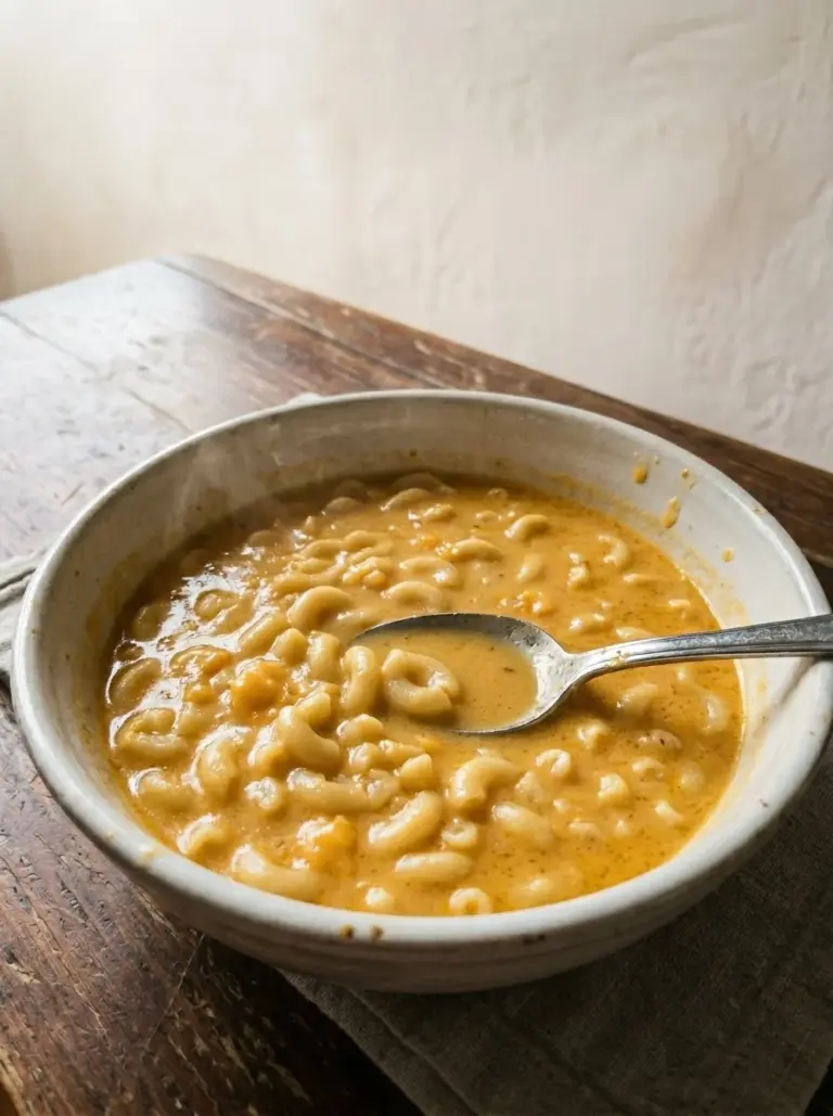 Bowl of creamy mac and cheese soup topped with herbs and cheese.