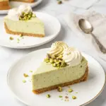 Delicious no-bake pistachio cheesecake topped with crushed pistachios.