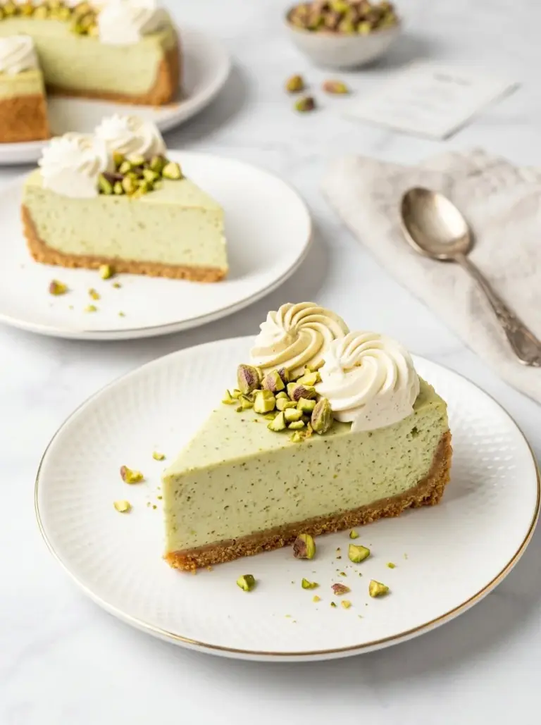 Delicious no-bake pistachio cheesecake topped with crushed pistachios.