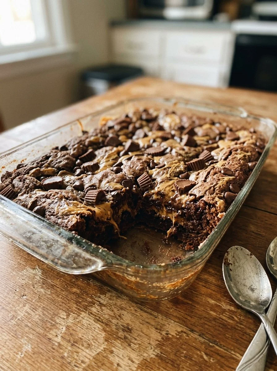 Delicious Peanut Butter Cup Dump Cake topped with chocolate and peanut butter cups