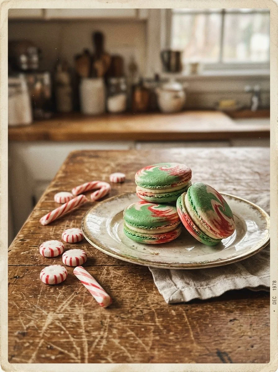 Delicious peppermint macarons on a festive plate