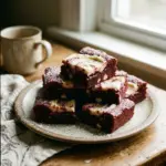 Delicious red velvet cookie bars topped with cream cheese frosting.