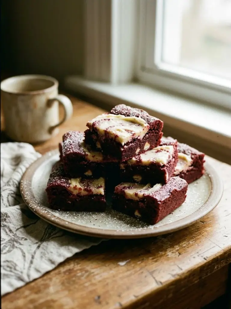Delicious red velvet cookie bars topped with cream cheese frosting.