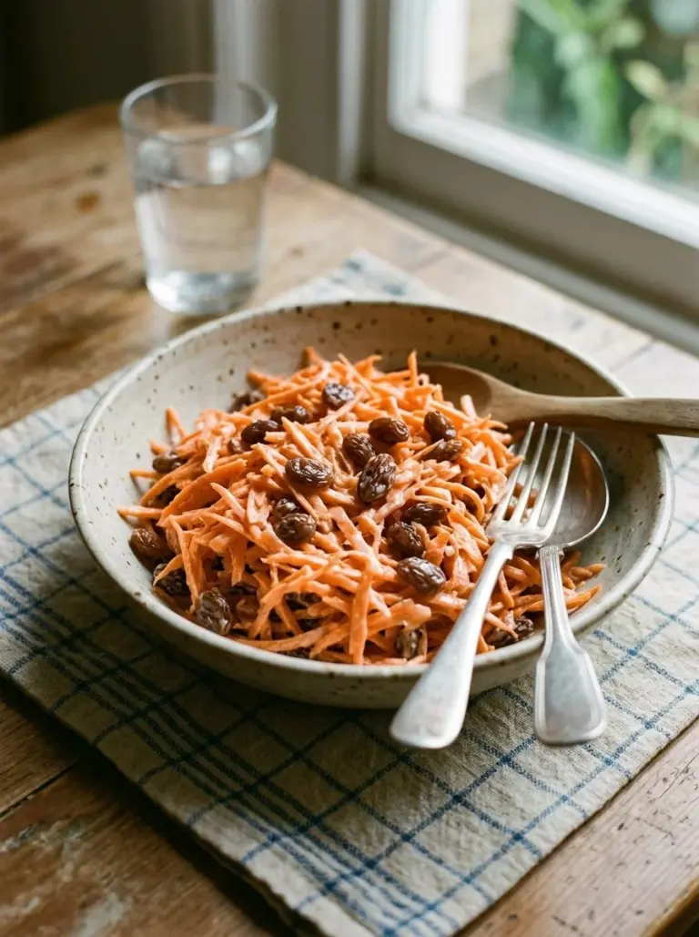 Shredded carrot and raisin salad served in a bowl