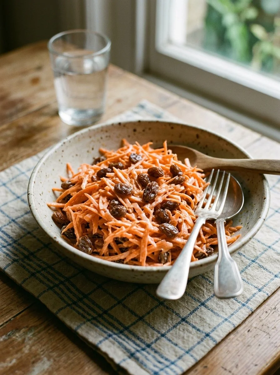 Shredded carrot and raisin salad served in a bowl