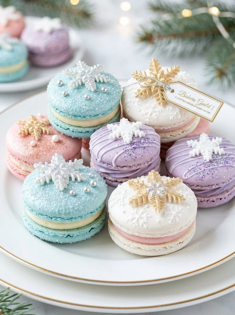 Elegant Snowflake Macarons adorned with winter-themed decorations
