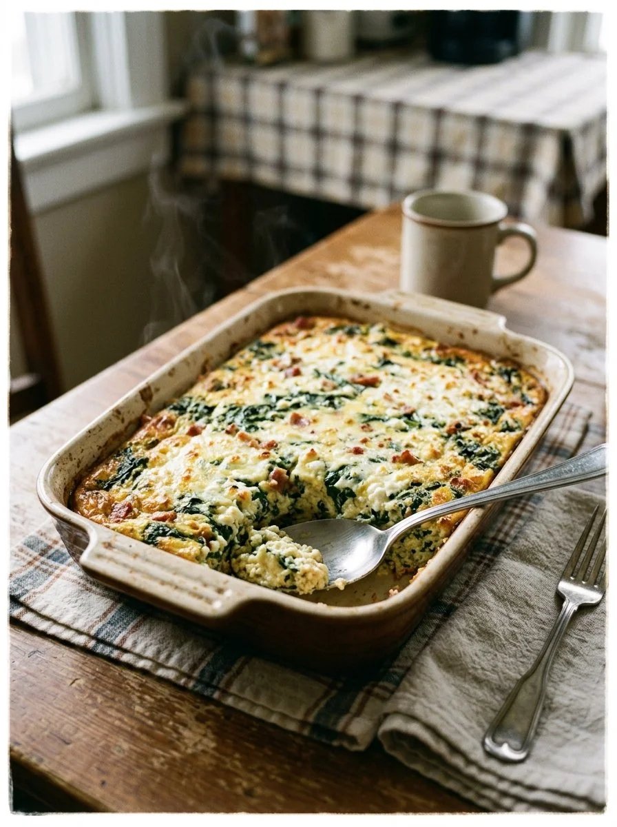 Spinach and Cottage Cheese Breakfast Casserole served in a baking dish